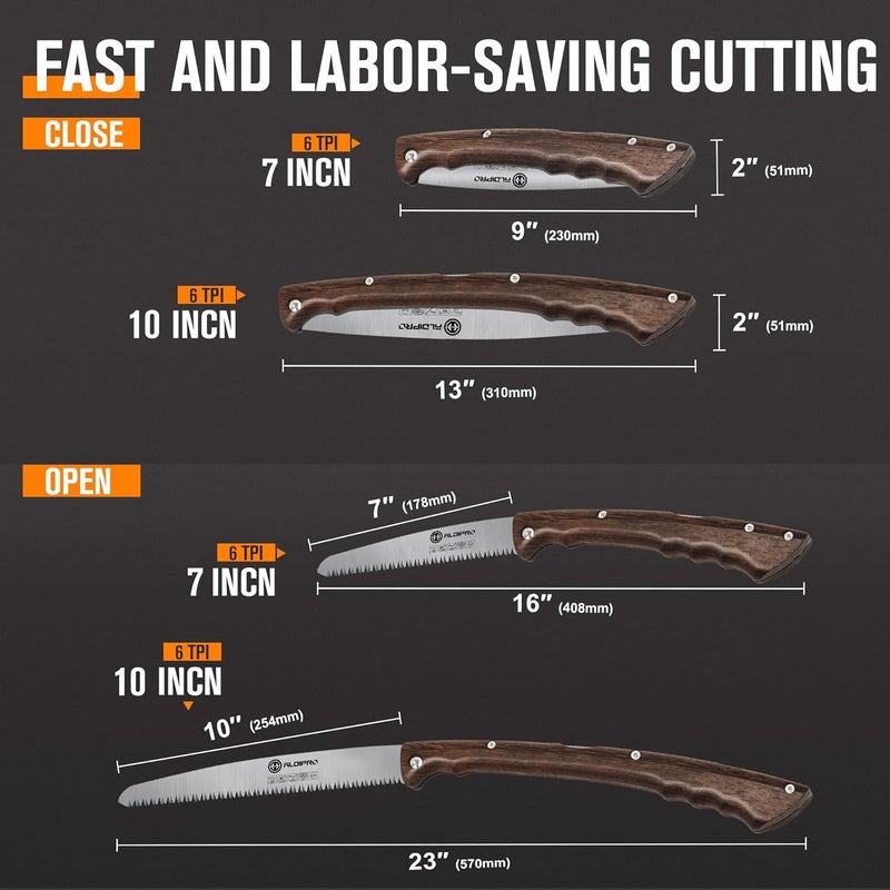 ALDIPRO 7" Professional Folding Hand Saw - SK5 High Carbon Steel Blade, Ergonomic Wenge Wood Handle, Leather Sheath | Survival Saw for Camping, Bushcraft, Pruning & Tree Trimming with Secure Lock - Image 2